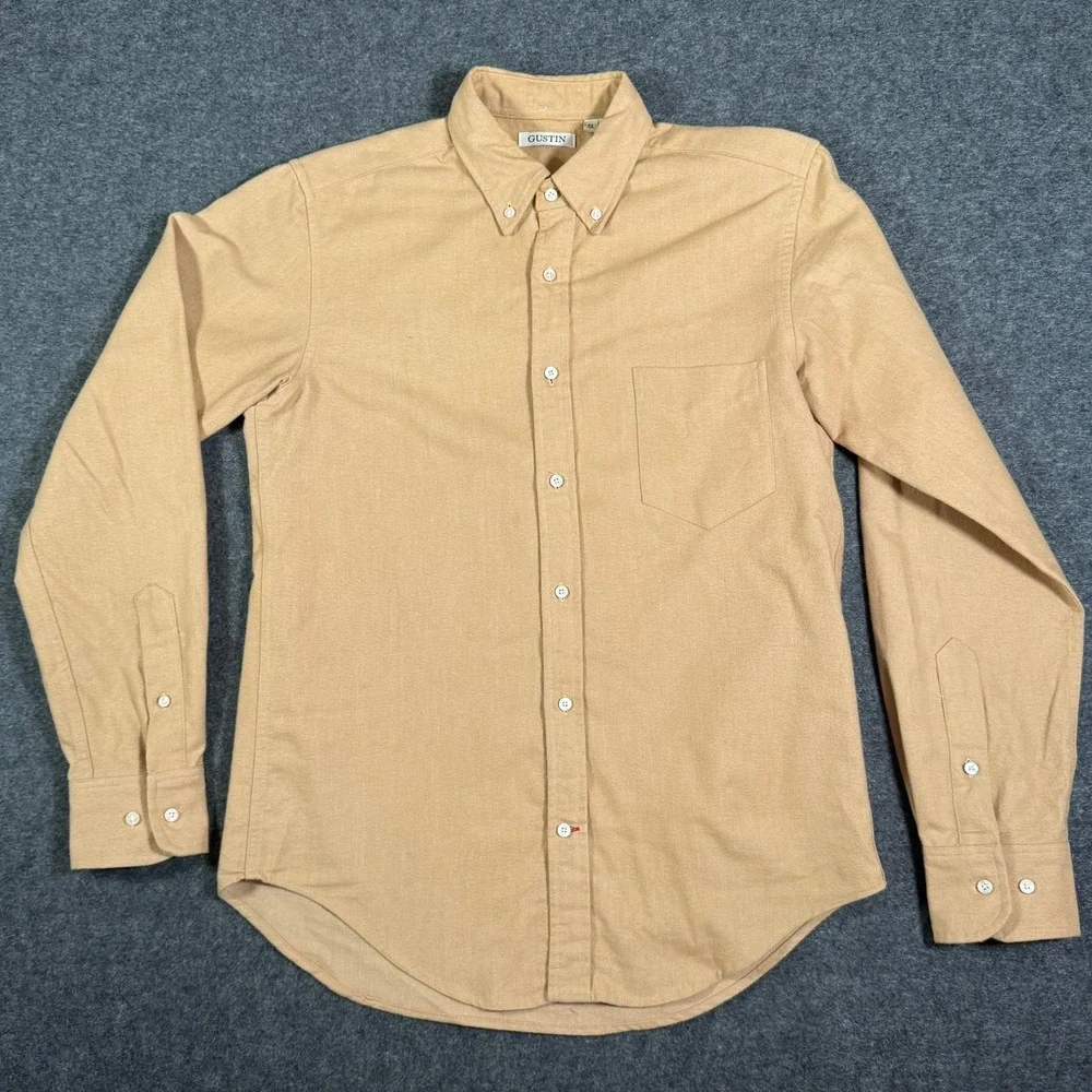 Gustin Mens Tan Cotton Button Down Shirt Made in USA Size M Classic Fit LS